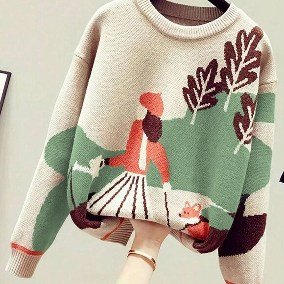 Sweaters - Khaki Casual Women's Cartoon Long Sleeve Knit Sweater
